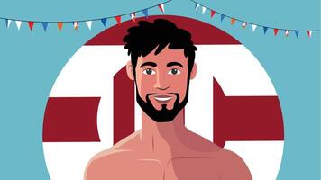 Smiling handsome shirtless man with bunting flag background for Indonesia Independence Day poster vector