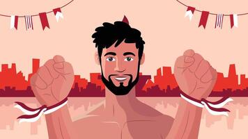 Handsome man raising fists with city skyline celebrating Indonesia Independence Day vector
