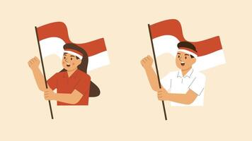 Two boys wave red white flags to celebrate Indonesian Independence Day patriotically vector