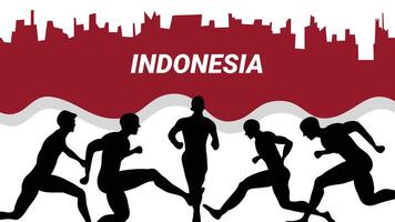Silhouettes of people running with city skyline celebrating Indonesia Independence Day vector