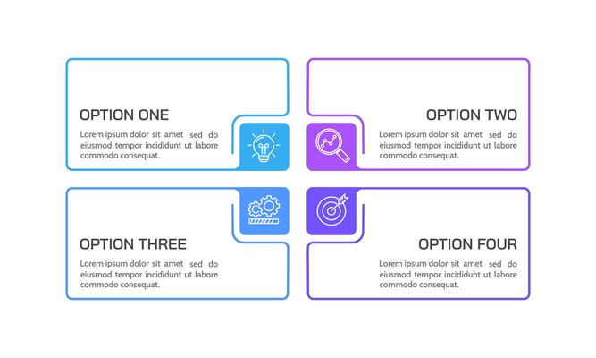 Infographic frame with four steps or options. Presentation, Process, Strategy and Planning.
