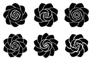 Six Elegant Black and White Spiral Rose Designs, Symmetrical Floral Illustrations, Isolated on White Background, Perfect for Branding or Decoration vector