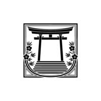 Japanese Torii Gate Emblem, Minimalist Floral vector