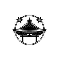 Japanese Pagoda with Sakura, Minimalist Emblem vector