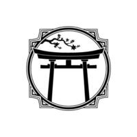 Japanese Torii Gate with Cherry Blossom Branch - Minimalist Emblem vector