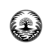 Circular Emblem Tree of Life, Water, and Mushrooms - Symbolic vector