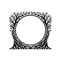 Intricate Tree Frame, Circular Emblem, Organic, Minimalist, Symbolic, Vintage, Botanical, Decorative, Border, Template, , Art, Elegant, Serene, Abstract, Branch, Foliage, Contour, Black a vector