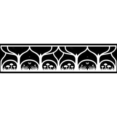 Stylized Forest Border, Black White, Decorative, Woodland, Vintage, Pattern, Illustration, Nature, Symmetry, , Art Deco, Frame, Border, Mushroom, Dragonfly, Leaf, Silhouette, Minimalist, Eleg