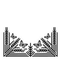 Geometric Meadow Black Line Art Butterflies Wheat Border vector