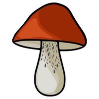 A charming illustration of a single red-capped scaber stalk mushroom with a speckled stem, featuring a unique hand-drawn style and earthy color palette, ideal for autumn-themed designs. vector