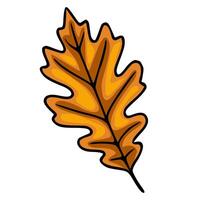 A illustration of a single stylized oak leaf in warm autumnal colors, featuring a bold black outline and gradient shading for a vibrant, hand-drawn feel. vector