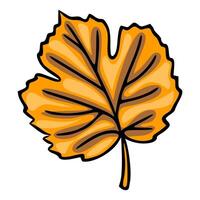 A illustration of a single autumn leaf with a stylized, hand-drawn look, featuring warm orange and brown hues and a bold black outline. vector