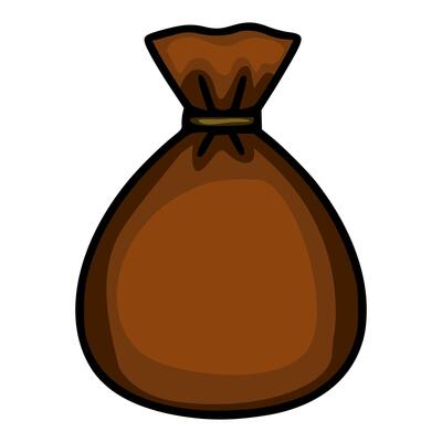 A illustration of a simple, hand-drawn style brown sack, tied with a thin rope, isolated on a white background, perfect for game design or childrens books.