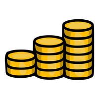 A illustration of three stacks of gold coins increasing in size, representing growth and financial success, with a bold black outline and vibrant yellow fill. vector