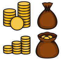 illustration of golden coins stacks and money bags, a playful cartoon style set for financial concepts and game design. vector