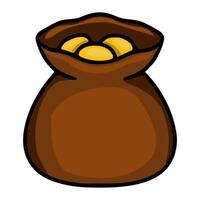 A whimsical illustration of a brown sack brimming with golden coins, rendered in a cartoon style with bold outlines and shaded coloring. vector