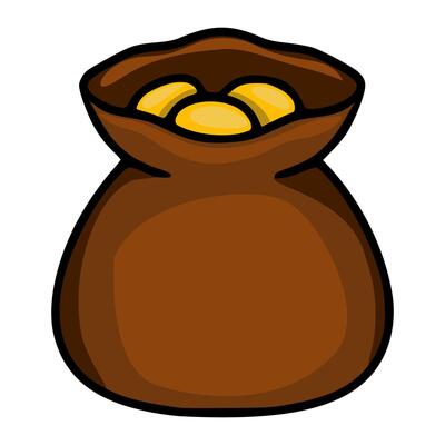 A whimsical illustration of a brown sack brimming with golden coins, rendered in a cartoon style with bold outlines and shaded coloring.