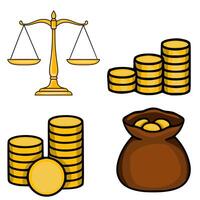 A vibrant illustration featuring a golden scale of justice, stacks of gold coins, and a money bag, symbolizing wealth, law, and financial prosperity. vector