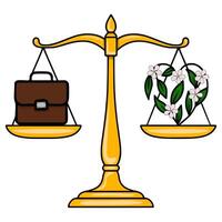 illustration of a golden scale balancing a brown briefcase against a heart-shaped floral arrangement, symbolizing the work-life balance concept. vector
