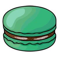 illustration of a single, vibrant green macaron with a detailed, textured chocolate filling, showcasing a unique hand-drawn style and rich color gradients. vector