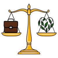illustration of a golden scales of justice with a briefcase on one side and a heart-shaped plant on the other, symbolizing the balance between work and nature. vector