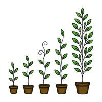illustration of six potted plants in various growth stages, showcasing a vibrant green palette and a stylized, hand-drawn aesthetic, ideal for eco-friendly or growth-related designs. vector