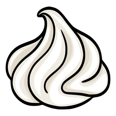Whimsical illustration of a single, stylized meringue swirl, featuring a creamy off-white color palette and bold black outlines, ideal for dessert menus or bakery branding.