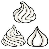 A set of three illustrations depicting creamy swirls, showcasing varying styles of whipped cream or meringue, ideal for dessert menus, bakery branding, or culinary designs. vector
