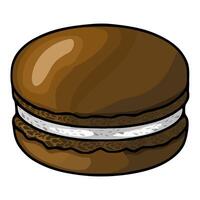 Delicious illustration of a single chocolate macaron with creamy filling, showcasing rich brown hues and detailed texture, perfect for bakery branding or dessert menu design. vector