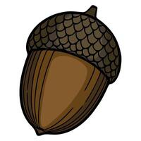 Detailed illustration of a single acorn with a textured cap, showcasing autumnal brown hues and a hand-drawn style, perfect for fall-themed designs. vector