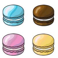 A illustration featuring four delectable macarons in pastel shades of blue, brown, pink, and yellow, each with a unique creamy filling and intricate detailing, perfect for design projects ne... vector
