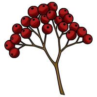A illustration of a stylized branch with clusters of deep red berries, showcasing a hand-drawn, cartoonish style perfect for autumnal designs and seasonal greetings. vector