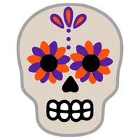 A illustration of a stylized sugar skull with orange and purple floral eye decorations, featuring a minimalist design and muted color palette, perfect for Day of the Dead themed projects. vector