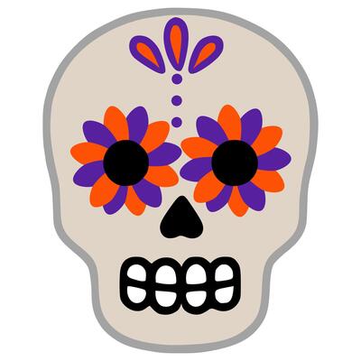 A illustration of a stylized sugar skull with orange and purple floral eye decorations, featuring a minimalist design and muted color palette, perfect for Day of the Dead themed projects.