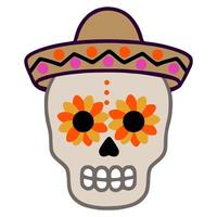 Festive illustration of a Day of the Dead skull wearing a sombrero, adorned with vibrant orange and yellow floral eye designs, perfect for celebratory design projects. vector