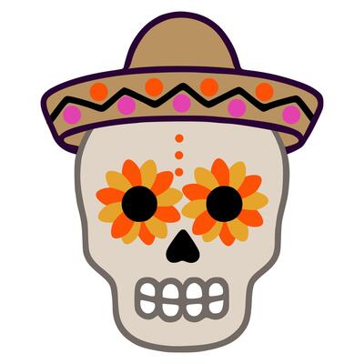 Festive illustration of a Day of the Dead skull wearing a sombrero, adorned with vibrant orange and yellow floral eye designs, perfect for celebratory design projects.