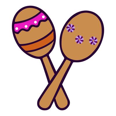 A vibrant illustration of two crossed maracas, one adorned with pink and orange stripes, the other with purple flowers, showcasing a playful and festive design ideal for Day of the Dead cele...