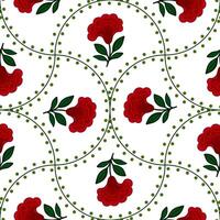 Seamless pattern with stylized red flowers cresta de gallo and olive green dots, arranged in a unique circular motif on a white background, creating a vibrant and elegant design. vector