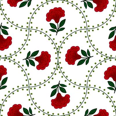 Seamless pattern with stylized red flowers cresta de gallo and olive green dots, arranged in a unique circular motif on a white background, creating a vibrant and elegant design.