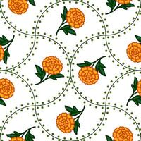 Seamless pattern with stylized marigold flowers and dotted green lines, creating a vibrant and cheerful design perfect for textile prints or festive backgrounds. vector