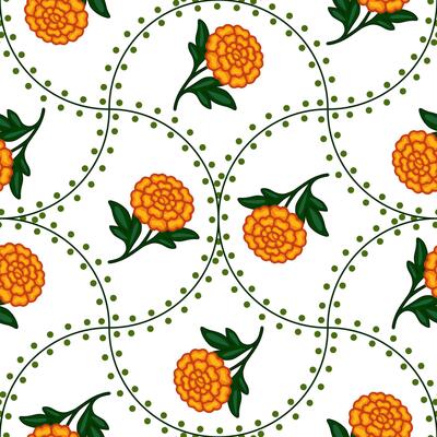 Seamless pattern with stylized marigold flowers and dotted green lines, creating a vibrant and cheerful design perfect for textile prints or festive backgrounds.
