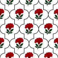 Elegant seamless pattern featuring stylized red flowers cresta de gallo and leaves within a quatrefoil frame, creating a sophisticated and modern design ideal for various applications. vector