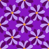 Seamless pattern with stylized purple and lavender flowers on a vibrant violet background, featuring a unique blend of flat design and organic shapes for a modern, playful aesthetic. vector