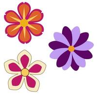 illustration of three stylized flowers in vibrant orange, purple, and pink hues, featuring bold shapes and contrasting color palettes, ideal for design projects needing a touch of playful so... vector