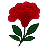 Stylized illustration of a crimson celosia flower with dark green leaves, showcasing a unique layered petal design and bold color contrast. vector