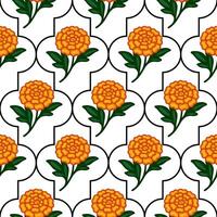 Seamless pattern of stylized marigold flowers with dark green leaves arranged within a repeating quatrefoil frame on a white background, creating a vibrant and festive design. vector