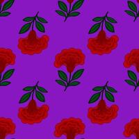 Seamless pattern of stylized red flowers cresta de gallo with green leaves on a vibrant purple background, creating a bold and modern floral design. vector