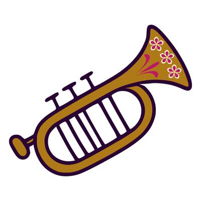A illustration of a golden trumpet adorned with pink flowers, showcasing a vibrant and festive design perfect for celebrations and musical themes.