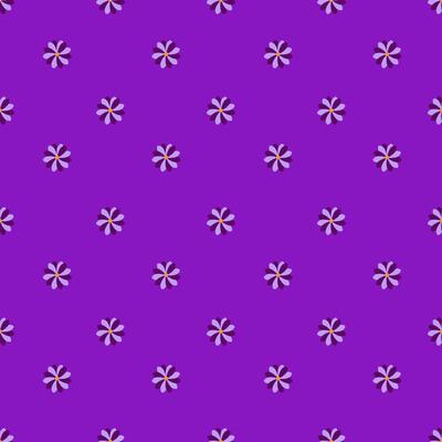 Seamless pattern of stylized purple flowers with yellow centers, arranged in a regular grid on a vibrant purple background, offering a minimalist yet charming design.