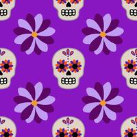 Seamless pattern with stylized sugar skulls and purple flowers on a vibrant purple background, perfect for Day of the Dead themed designs. vector